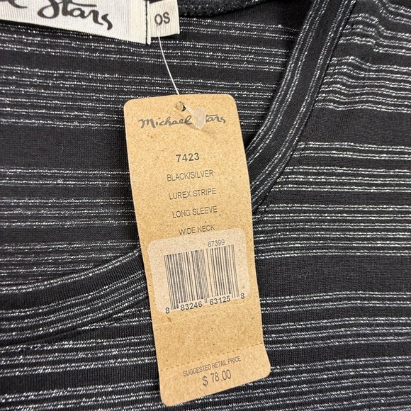 Michael Stars NWT Womens OS Black Silver Lurex Stripe Long Sleeve Top Wide Neck - Picture 3 of 7